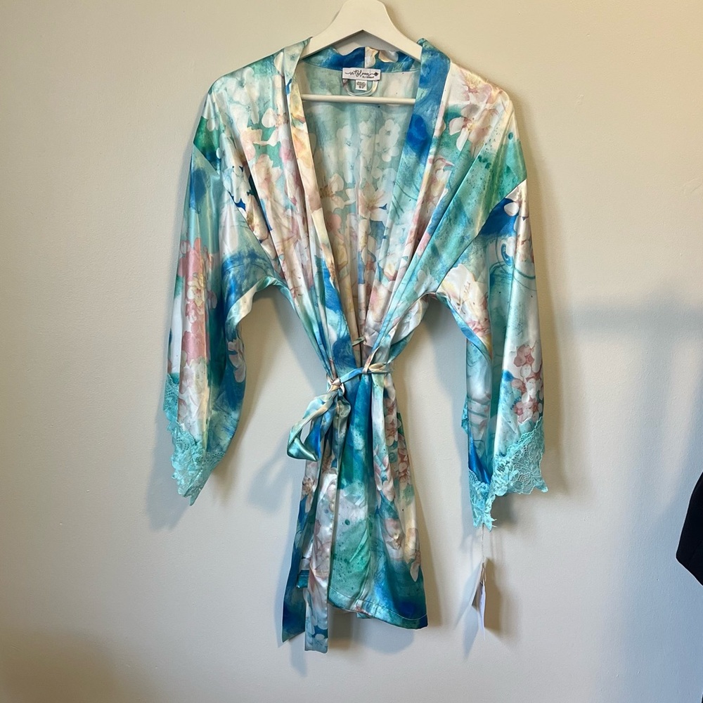 In Bloom Blue Floral Satin Lace Robe - NWT!
